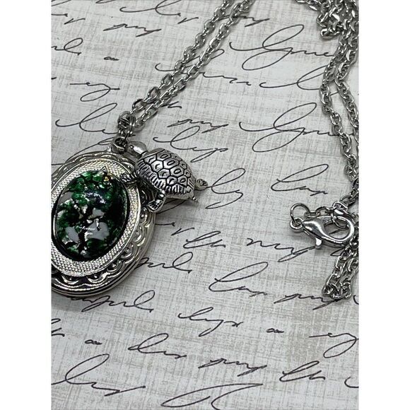 Green Turtle Opal Silver Nautical Beach Mermaid Photo Locket Necklace Valentines - Picture 11 of 16